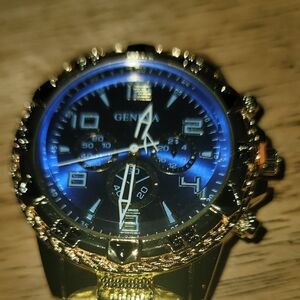 Geneva Gold Watch with Deep Blue Dial